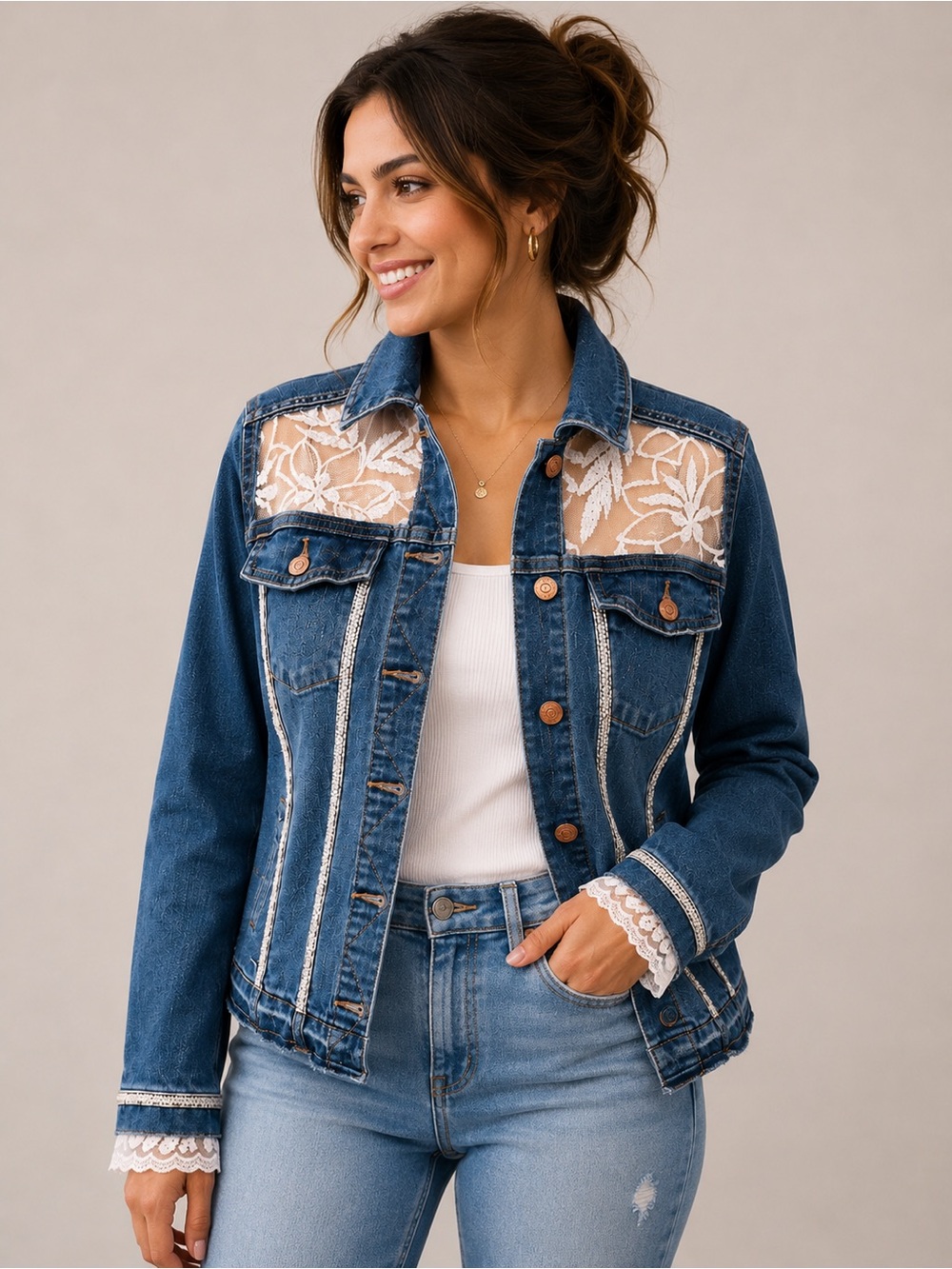 Handmade Upcycled Denim Jacket with Sheer Floral Lace Back